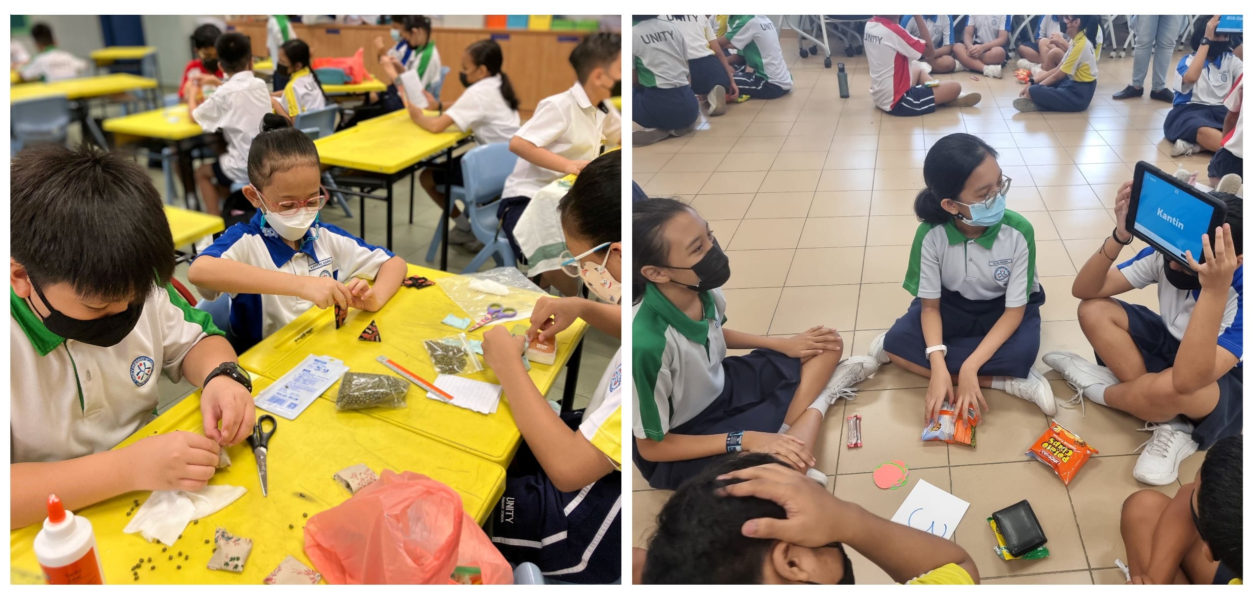 School children wearing masks doing crafts at yellow tables and sitting on a floor with snacks and a tablet.